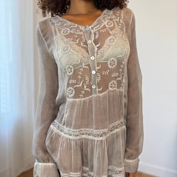 Vintage Italian Sheer Silk Embroidered Mini Dress (S/M) - Picture 5 of 14